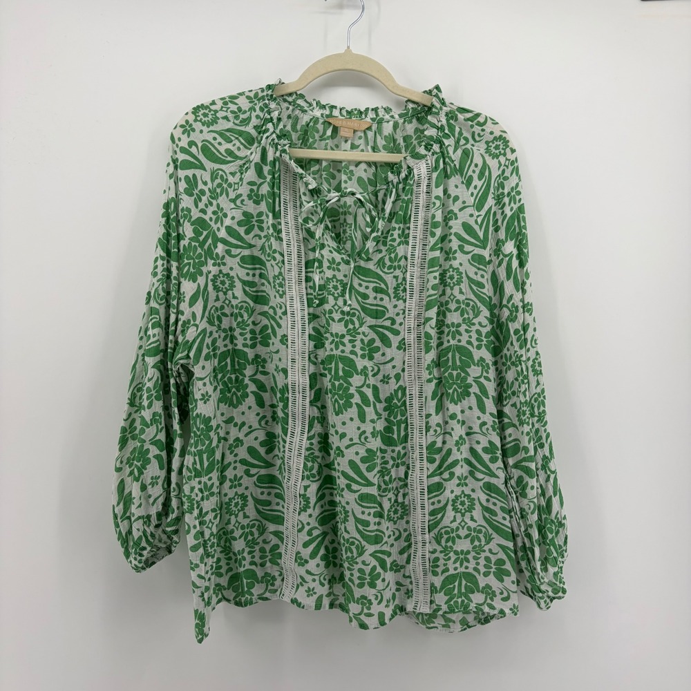 Hope & Harlow Womens XL Green Floral Peasant Blouse Lace Trim Tie Neck Top